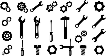 Obraz premium Black and white tool and equipment icon set featuring wrenches, gears, screwdrivers, bolts, and a hammer.