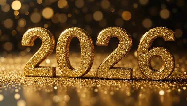 2026 in glistening gold  For milestone occasions or New Year's celebrations, glitter creates a joyous and joyful environment.  A hint of elegance and excitement is added by the shimmering sheen.