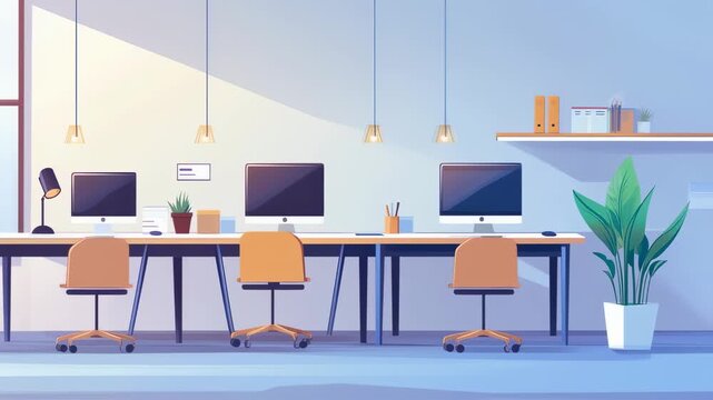 Modern coworking space with computer workstations and natural light ambiance ideal for office