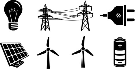 Fototapeta premium Renewable energy black glyph icon set featuring a lightbulb, power lines, electric plug, solar panel, wind turbines, and battery.