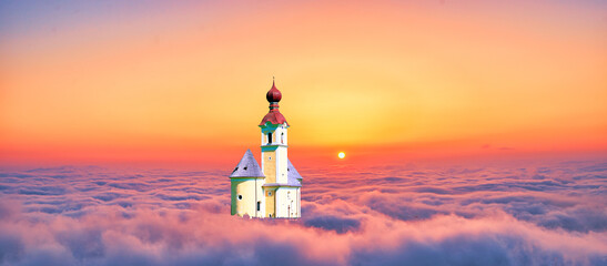 北海道の雲海とヨーロッパ風教会合成写真