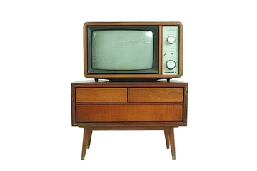 Retro TV atop wooden dresser, isolated on black