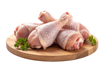raw chicken drumsticks on wooden board, isolated.