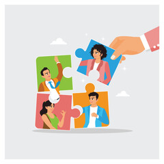 Businessman hand HR put new employee to connect jigsaw puzzle.