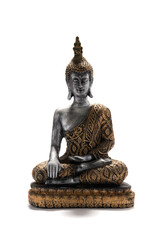Ornate Buddha figurine in a meditative sitting posture, with silver-gray skin and textured...