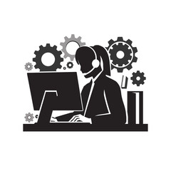 Silhouette of a customer service representative working on a computer surrounded by gears.