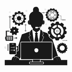 Silhouette of a person at a desk, surrounded by gears and technology icons.