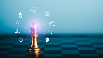 Business Strategy and Leadership Concept with Golden Chess King and Digital Innovation Icons
