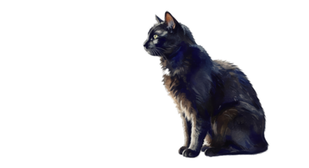 Black Cat Sitting Silhouette Against Dark Background Illuminated By Light