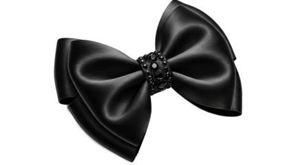 Black Satin Bow with Sparkly Jewel Isolated Black Background