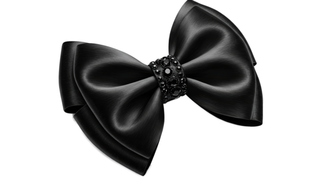 Black Satin Bow with Sparkly Jewel Isolated Black Background