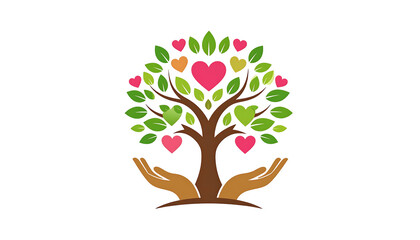 Hearts grow on a tree in cupped hands, symbolizing love and support against a black background