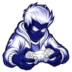 Illustration of a focused gamer with glowing eyes holding a controller ready to play video games