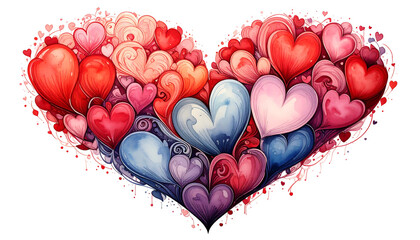 Heart composed of smaller hearts with red, pink, purple, & blue hues. Soft & romantic, against black background