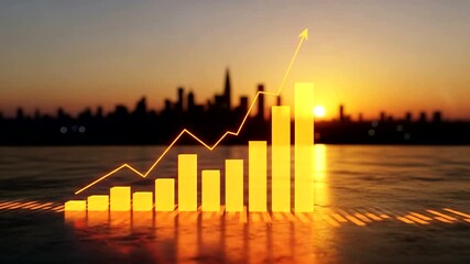 Sunset city skyline with rising financial graph overlay reflecting growth - Powered by Adobe