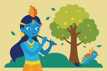 Naklejka premium Flute Song Bird Tree Serenity Melodious Composition Rural Scene Peaceful Harmony Nature Flat Design Musical Instrument Art