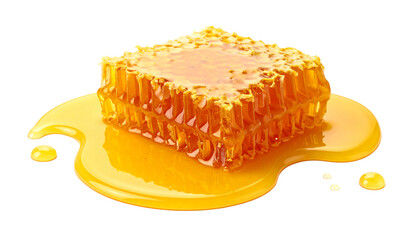 Hexagonal honey comb oozing liquid honey on a black backdrop, golden tones shining within