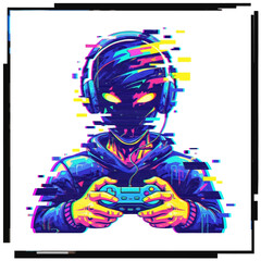 Illustration of a gamer with headphones holding a controller in a glitch art style design