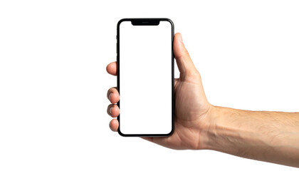 Holding phone with blank white screen on black. Right hand