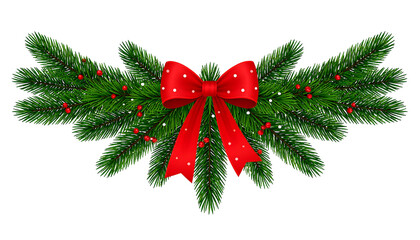 Holiday ornament pine garland adorned with a red polka-dot bow, tiny red berries, on a black background