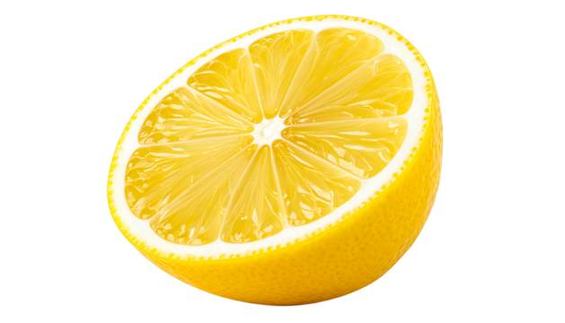 Half lemon shows segments with its bright yellow rind, isolated on black