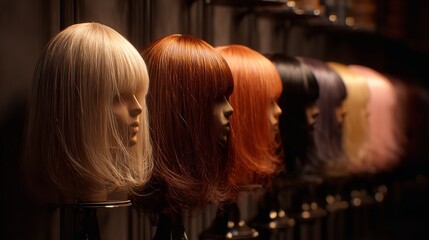 Mannequin heads with colorful wigs arranged linearly displaying vibrant hair fashion trends.