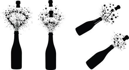 Champagne bottle silhouette vector set with popping corks, bubbles, fizz sprays, and festive celebration elements for holiday party event design