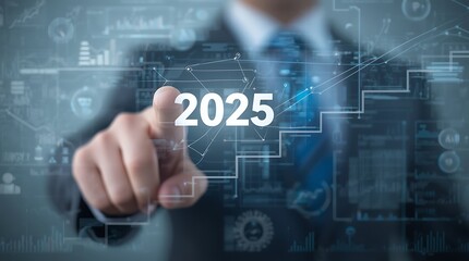 2025 New Year Business Goals Concept. Businessmen point to "2025" a staircase Diagrams. Virtualization steps toward achieving business goals, growth, and success in the new year. Planning.