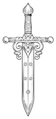 Ornate medieval sword with decorative crossguard and patterned blade in line art style