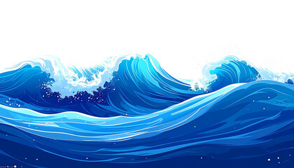 Illustrative waves with vibrant blue hues, white foam crests, and a black background