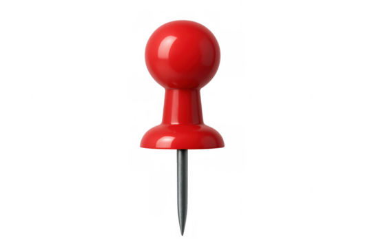 Red pushpin creating a notice, marking an important location, or holding a paper on a cork board, transparent background