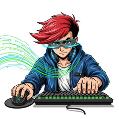 Cartoon gamer with red hair wearing vr headset and blue hoodie playing video game on keyboard and mouse
