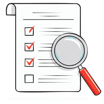 Magnifying Glass Inspecting Checklist Document with Marked Items