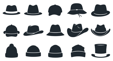 Collection of diverse black silhouette hats including fedoras beanies and cowboy hats for fashion and style concepts silhouette
