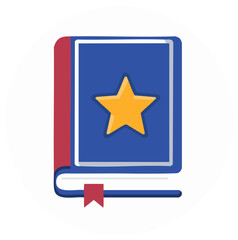 Blue hardcover book with a gold star and red bookmark vector icon for favorites or fairytales