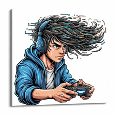 Cartoon gamer with headphones and controller in a blue hoodie with digital hair art style