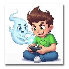 A cartoon boy playing video games with a controller and a friendly ghost watching him play games