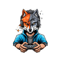 Cartoon fox with headphones playing video games with controller on a white background isolated
