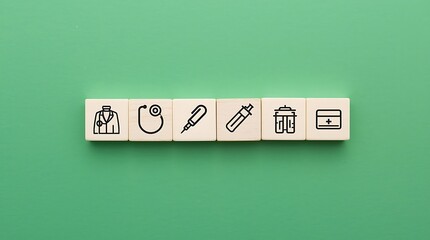 Wooden blocks displaying Doctor, injection, stethoscope, insurance, patient bed, medicine box icons. Medical care. health insurance, and medication. healthcare services, protection, insurance coverage
