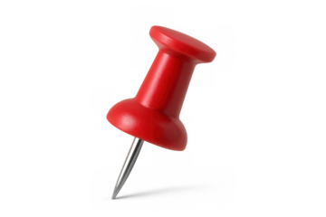 Red pushpin pointing down, pressing, marking important information, notice, location, or reminder on a transparent background