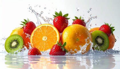 A vibrant assortment of fresh oranges, strawberries, and kiwis splashed with clear, refreshing water on a reflective surface.