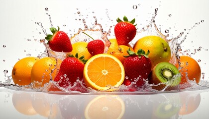 A vibrant assortment of fresh fruits, including strawberries, oranges, kiwis, and lemons, are captured mid-splash in crystal clear water, creating a refreshing and dynamic visual.