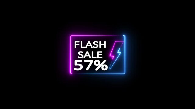 57 Percent Discount Offer. Glowing Neon Flash Sale Promo Animation with Electric Lightning Bolt and 57% Discount Offer ad.