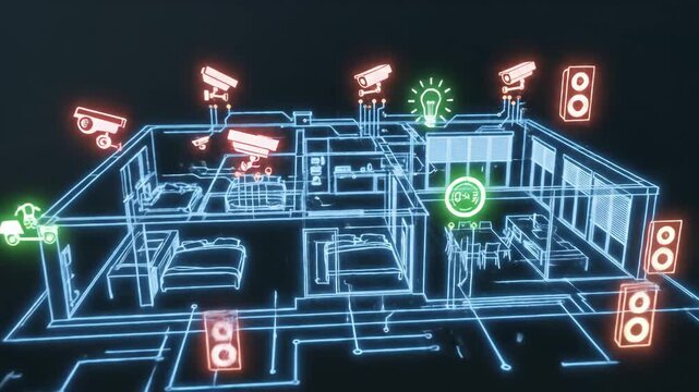 Modern Smart Home Blueprint Security - Digital blueprint illustration of a modern smart home featuring security cameras.