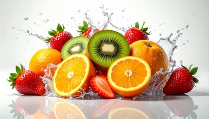 Fresh fruit arrangement with strawberries, oranges, and kiwi with water splash.