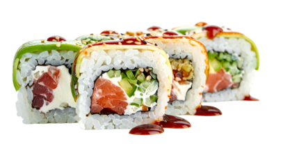 Row of colorful sushi rolls, topped with sauces, showing salmon, avocado, rice, cream cheese on a transparent background