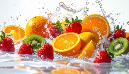 A vibrant composition showcasing an assortment of fresh fruits with water splashes, creating a refreshing visual.