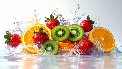 A vibrant assortment of fresh strawberries, sliced kiwis, and oranges splashing in water.