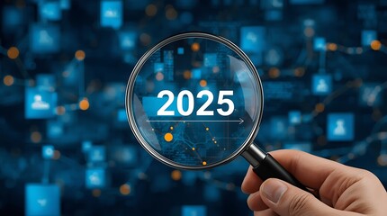 Trends 2025 year concept. Hand holding magnifying glass with 2025 trend searching Website bar. For optimization 2025 business marketing trends and business plan in new year.