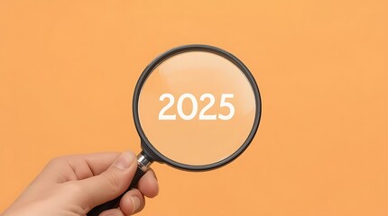 Trends 2025 year concept. Hand holding magnifying glass with 2025 trend searching Website bar. For optimization 2025 business marketing trends and business plan in new year.